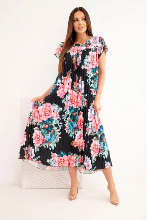 Czarna plisowana sukienka Plus Size w kwiatowy wzór