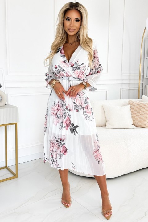 448-2 YUNA Plisowana sukienka midi z dekoltem i paskiem - RÓŻE na białym tle - UNI