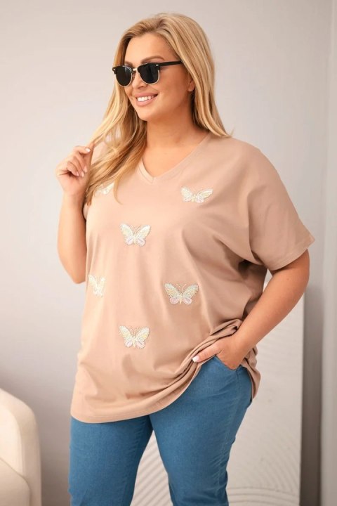 Camelowa bluzka bawełniana Plus Size z aplikacją motyli