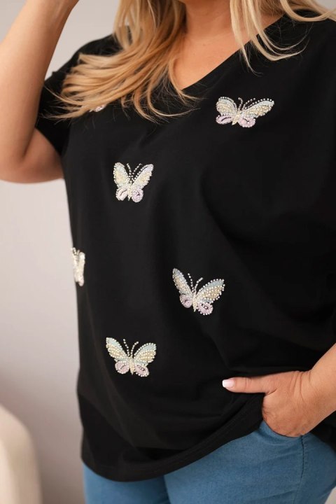 Bluzka damska bawełniana Plus Size z motylkami czarna