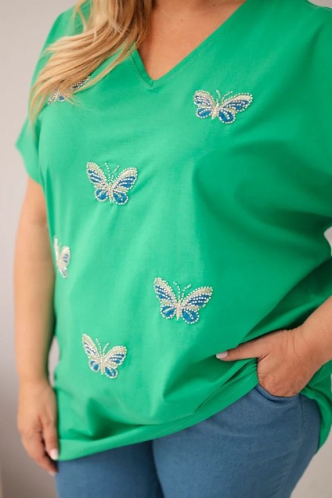 Bluzka damska bawełniana Plus Size z motylkami zielona