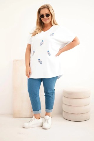 Bluzka damska bawełniana Plus Size z piórkami biała