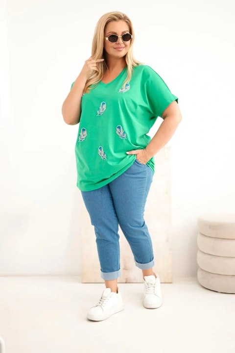 Bluzka damska bawełniana Plus Size z piórkami zielona