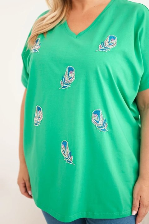Bluzka damska bawełniana Plus Size z piórkami zielona