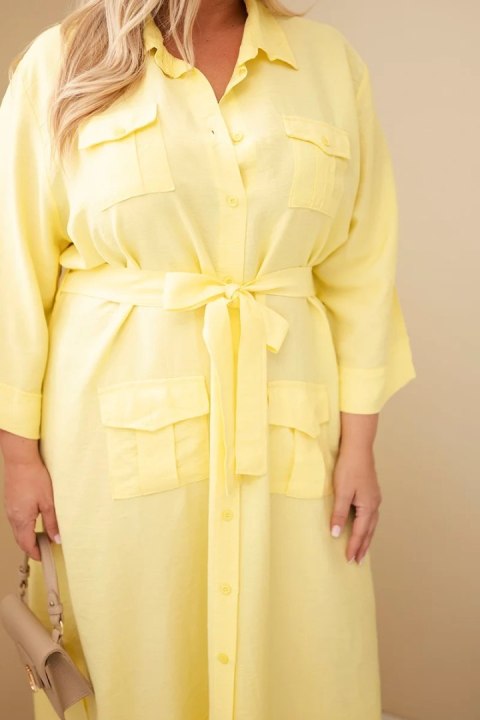 Sukienka damska bawełniana Plus Size koszulowa z paskiem żółta