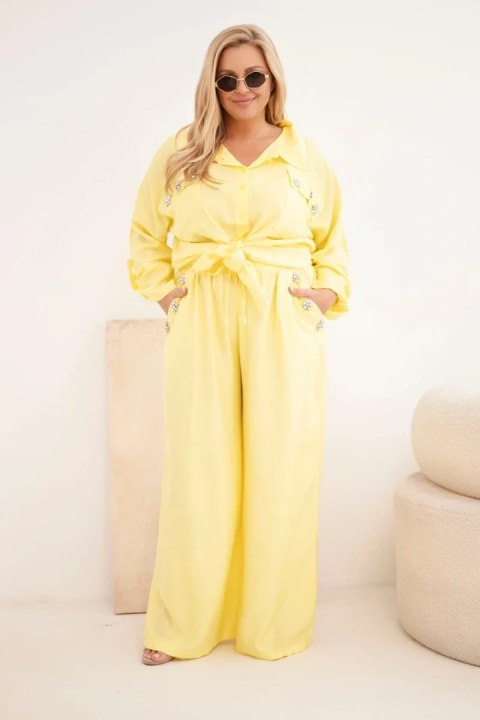 Komplet damski Plus Size z koszulą i szerokimi spodniami żółty
