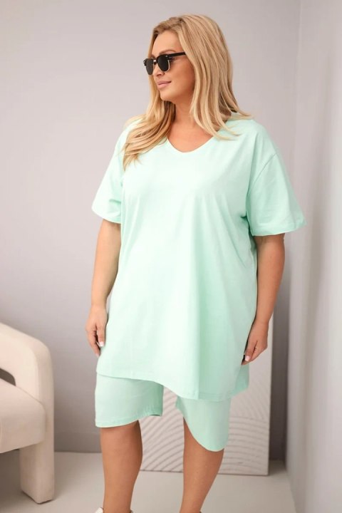 Miętowy bawełniany komplet Plus Size z bluzką V-neck i szortami