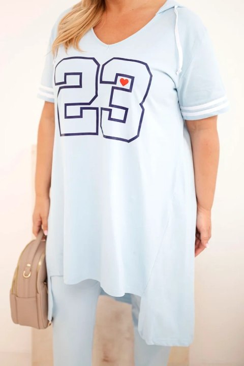 Komplet damski bawełniany Plus Size z bluzką z kapturem i spodniami niebieski