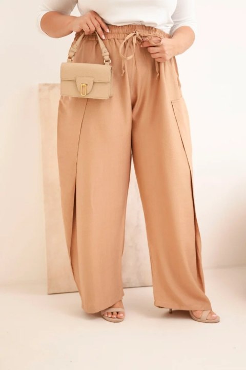 Camelowe bawełniane spodnie Plus Size z szeroką nogawką