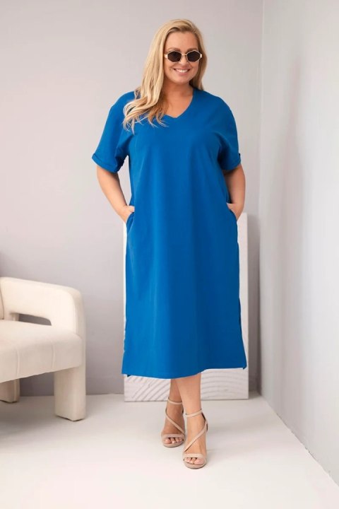 Sukienka damska Plus Size bawełniana z dekoltem w serek chabrowa