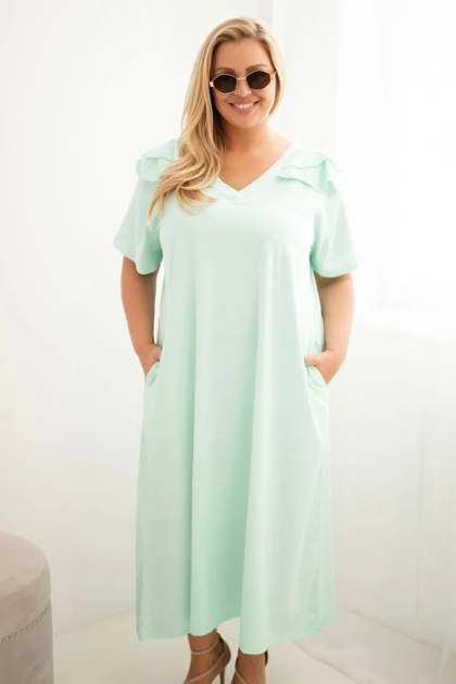 Sukienka damska Plus Size bawełniana z falbanką na ramionach miętowa