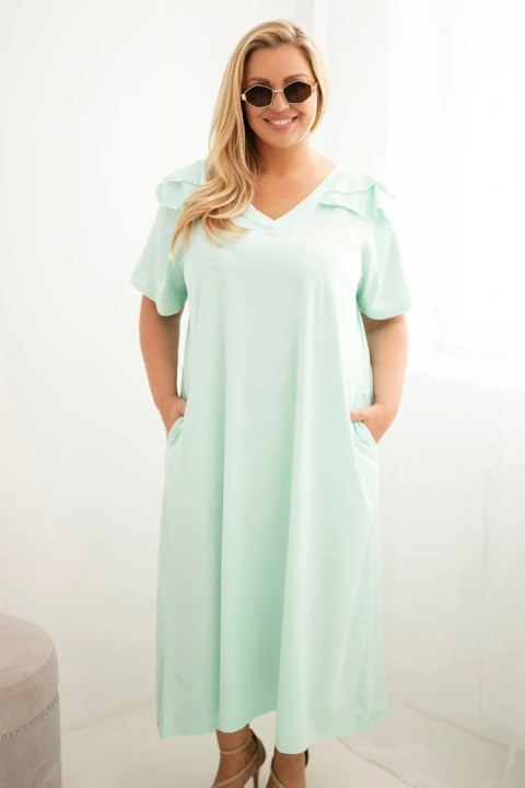 Sukienka damska Plus Size bawełniana z falbanką na ramionach miętowa