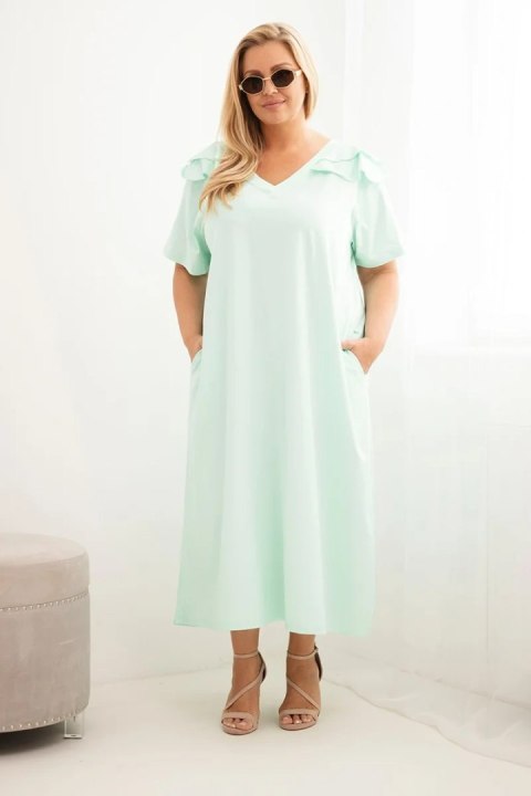 Sukienka damska Plus Size bawełniana z falbanką na ramionach miętowa