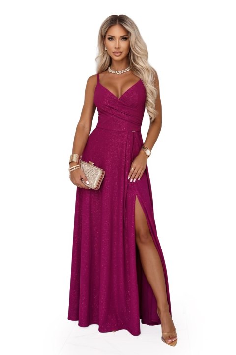 299-21 CHIARA wieczorowa maxi długa suknia na ramiączkach - brokatowa fuksja - XXL