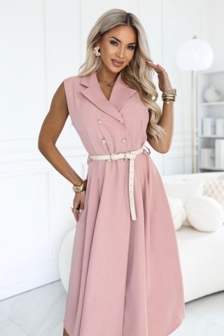 596-6 Elegancka szmizjerka midi ze złotymi guzikami i paskiem - pudrowy róż - UNI
