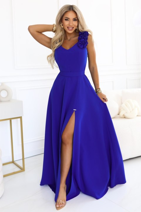 643-8 Elegancka wieczorowa suknia maxi z rozcięciem i różami - chabrowa - L