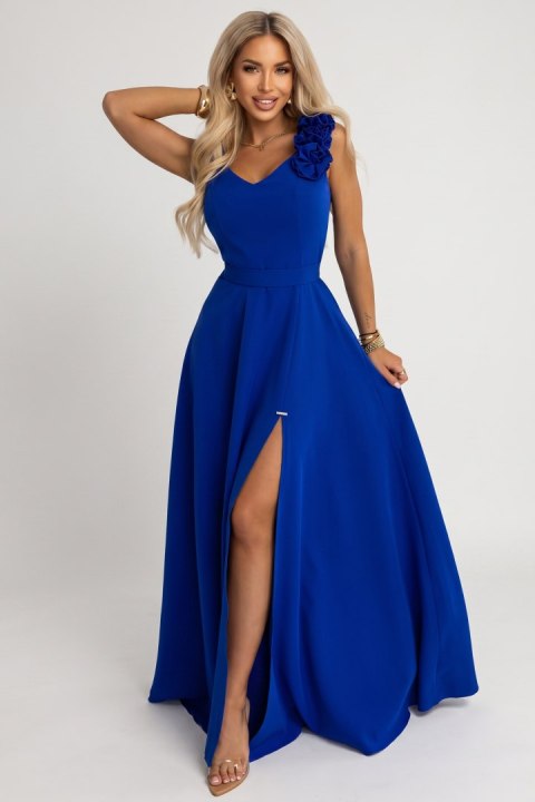 643-8 Elegancka wieczorowa suknia maxi z rozcięciem i różami - chabrowa - L
