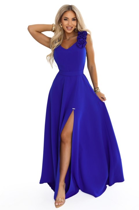 643-8 Elegancka wieczorowa suknia maxi z rozcięciem i różami - chabrowa - M