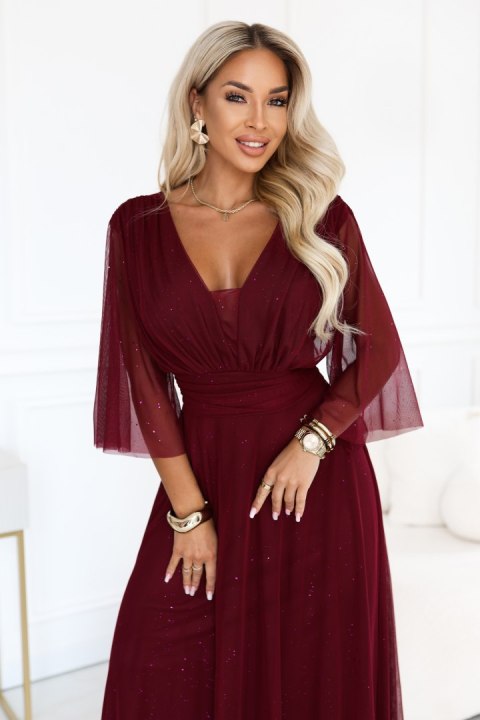 654-6 Długa połyskująca sukienka plus size z dekoltem i transparentnym rękawkiem - bordowa - UNI