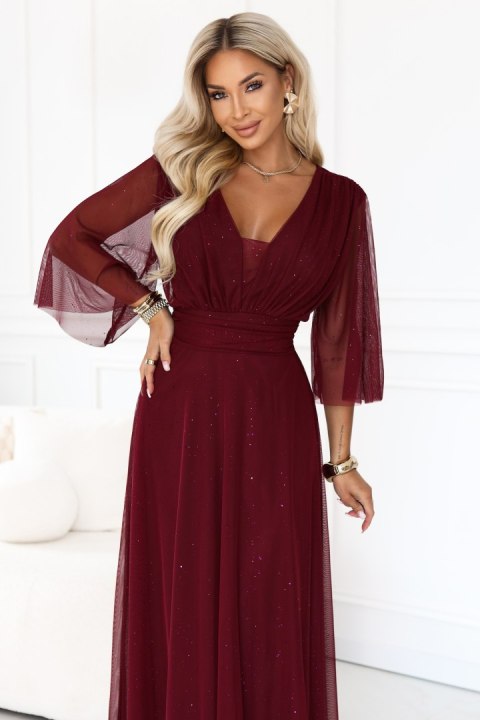 654-6 Długa połyskująca sukienka plus size z dekoltem i transparentnym rękawkiem - bordowa - UNI