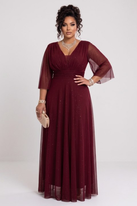 654-6 Długa połyskująca sukienka plus size z dekoltem i transparentnym rękawkiem - bordowa - UNI