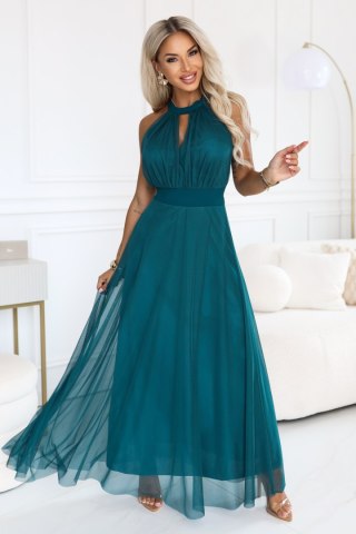 662-4 Elegancka sukienka wieczorowa maxi halter z tiulem i wiązaniem w talii - zielona - UNI