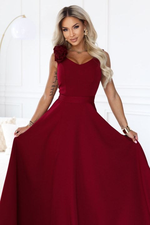 643-9 Elegancka wieczorowa suknia maxi z rozcięciem i różami - bordowa - L
