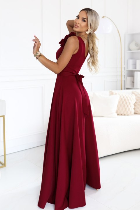 643-9 Elegancka wieczorowa suknia maxi z rozcięciem i różami - bordowa - XL