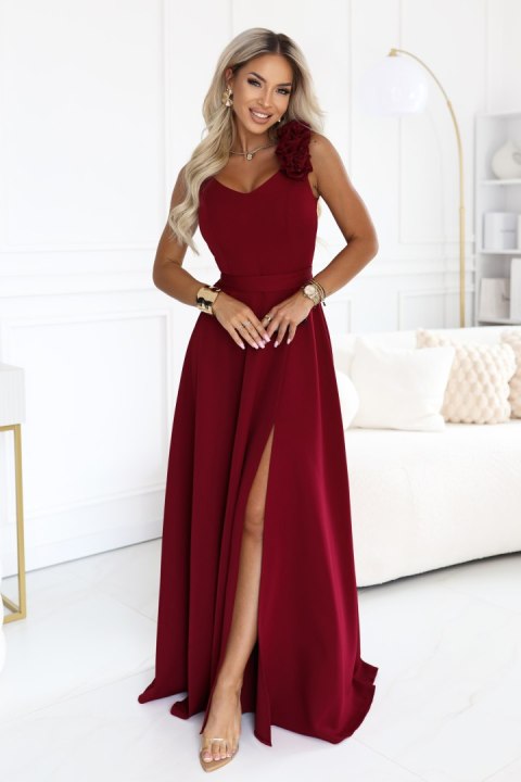 643-9 Elegancka wieczorowa suknia maxi z rozcięciem i różami - bordowa - XXL