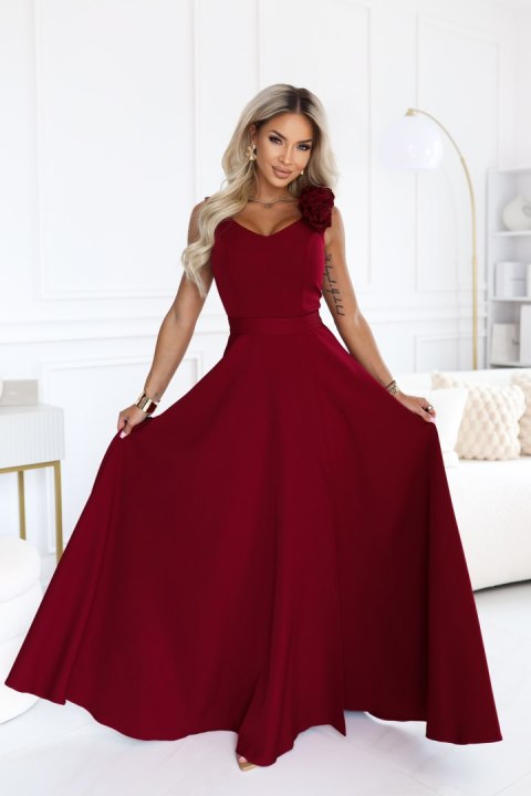 643-9 Elegancka wieczorowa suknia maxi z rozcięciem i różami - bordowa - XXL