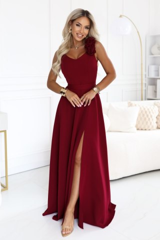 643-9 Elegancka wieczorowa suknia maxi z rozcięciem i różami - bordowa - XS