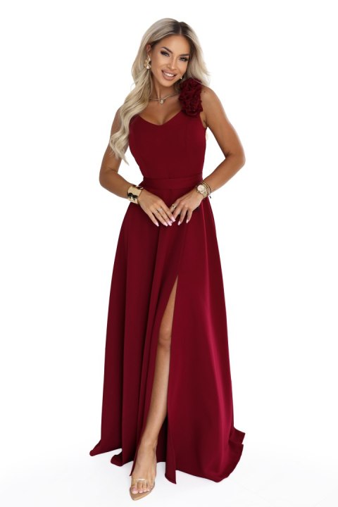643-9 Elegancka wieczorowa suknia maxi z rozcięciem i różami - bordowa - XS
