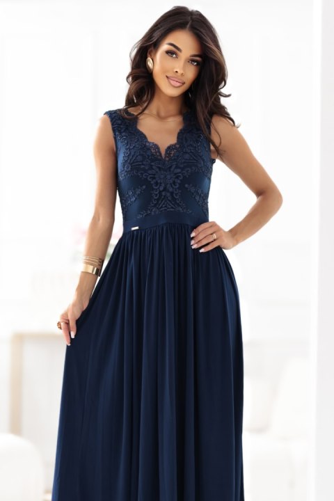 215-6 LEA długa elegancka suknia maxi z koronkową górą i rozcięciem na nodze - granatowa - L