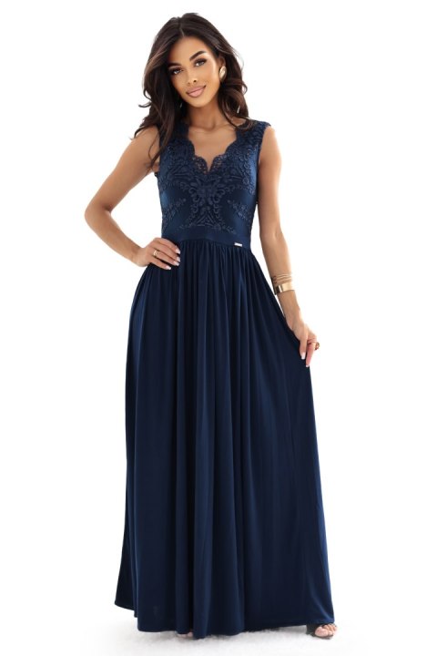 215-6 LEA długa elegancka suknia maxi z koronkową górą i rozcięciem na nodze - granatowa - L