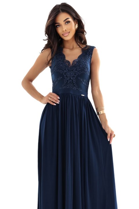 215-6 LEA długa elegancka suknia maxi z koronkową górą i rozcięciem na nodze - granatowa - L
