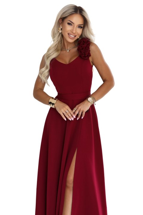 643-9 Elegancka wieczorowa suknia maxi z rozcięciem i różami - bordowa
