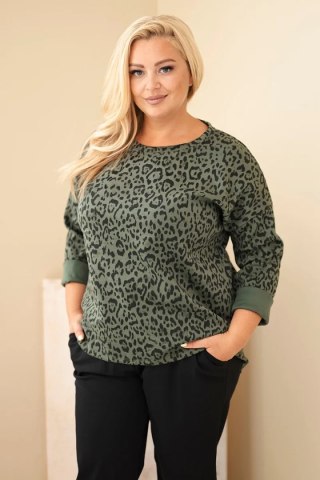 Bluzka damska Plus Size w panterkę z dłuższym tyłem khaki