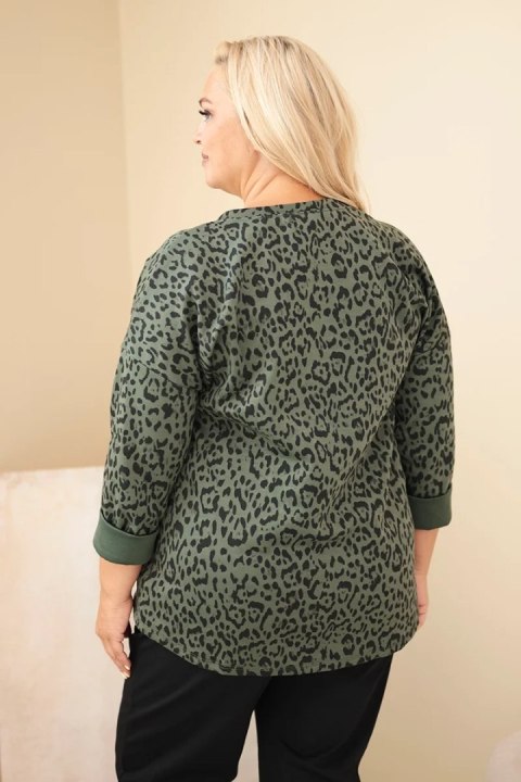 Bluzka damska Plus Size w panterkę z dłuższym tyłem khaki