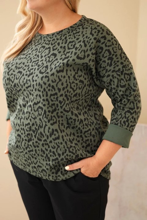 Bluzka damska Plus Size w panterkę z dłuższym tyłem khaki
