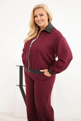Komplet damski Plus Size z bluzą na zamek i szerokimi spodniami bordowy