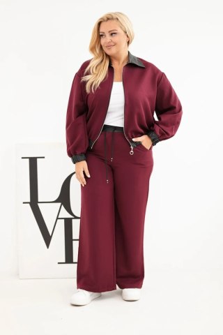 Komplet damski Plus Size z bluzą na zamek i szerokimi spodniami bordowy