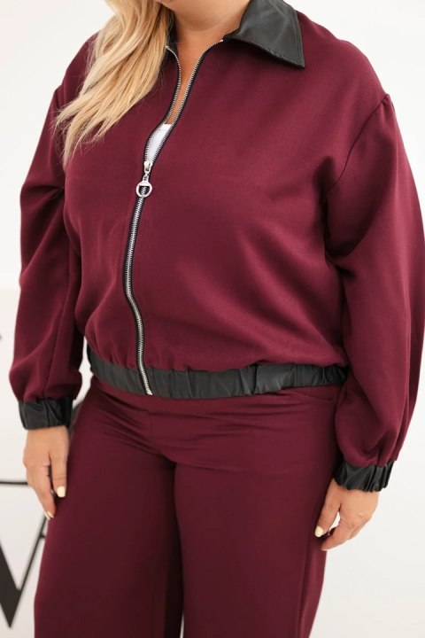 Komplet damski Plus Size z bluzą na zamek i szerokimi spodniami bordowy