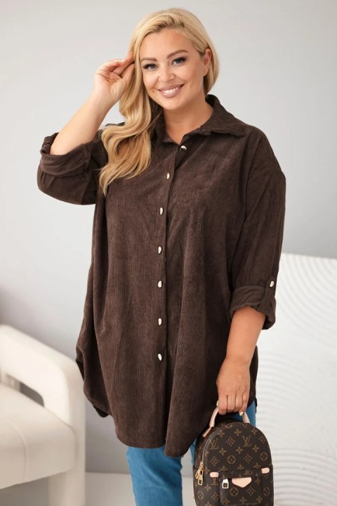 Koszula damska Plus Size z wiskozy sztruksowa z podpinanymi rękawami brązowa