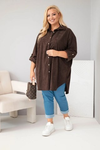 Koszula damska Plus Size z wiskozy sztruksowa z podpinanymi rękawami brązowa