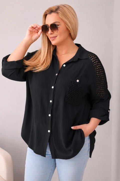 Koszula damska bawełniana Plus Size z kołnierzykiem i koronkową wstawką czarna