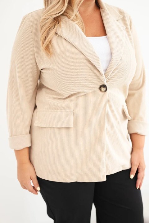 Marynarka damska Plus Size sztruksowa z klapami i kieszeniami beżowa