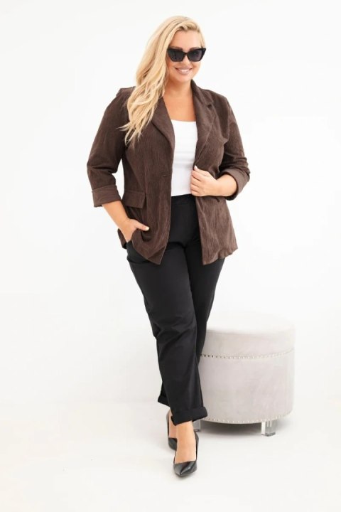 Marynarka damska Plus Size sztruksowa z klapami i kieszeniami brązowa