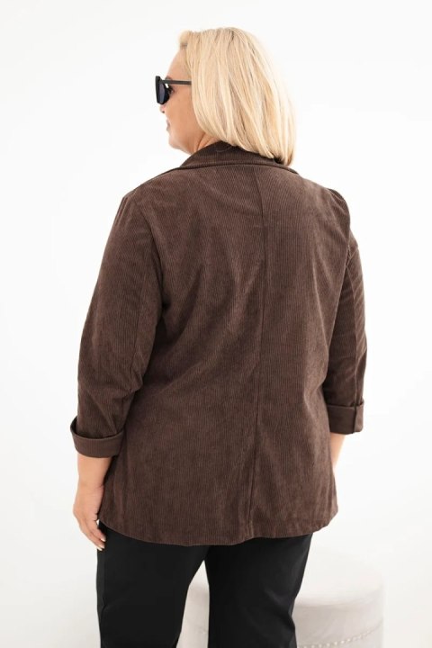 Marynarka damska Plus Size sztruksowa z klapami i kieszeniami brązowa