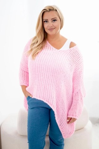 Sweter damski ażurowy oversize z dekoltem V i dłuższym tyłem cukierkowy róż