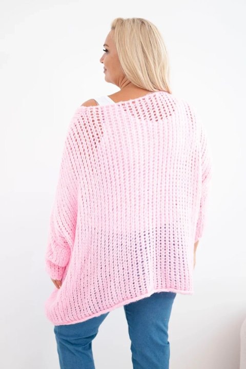 Sweter damski ażurowy oversize z dekoltem V i dłuższym tyłem cukierkowy róż